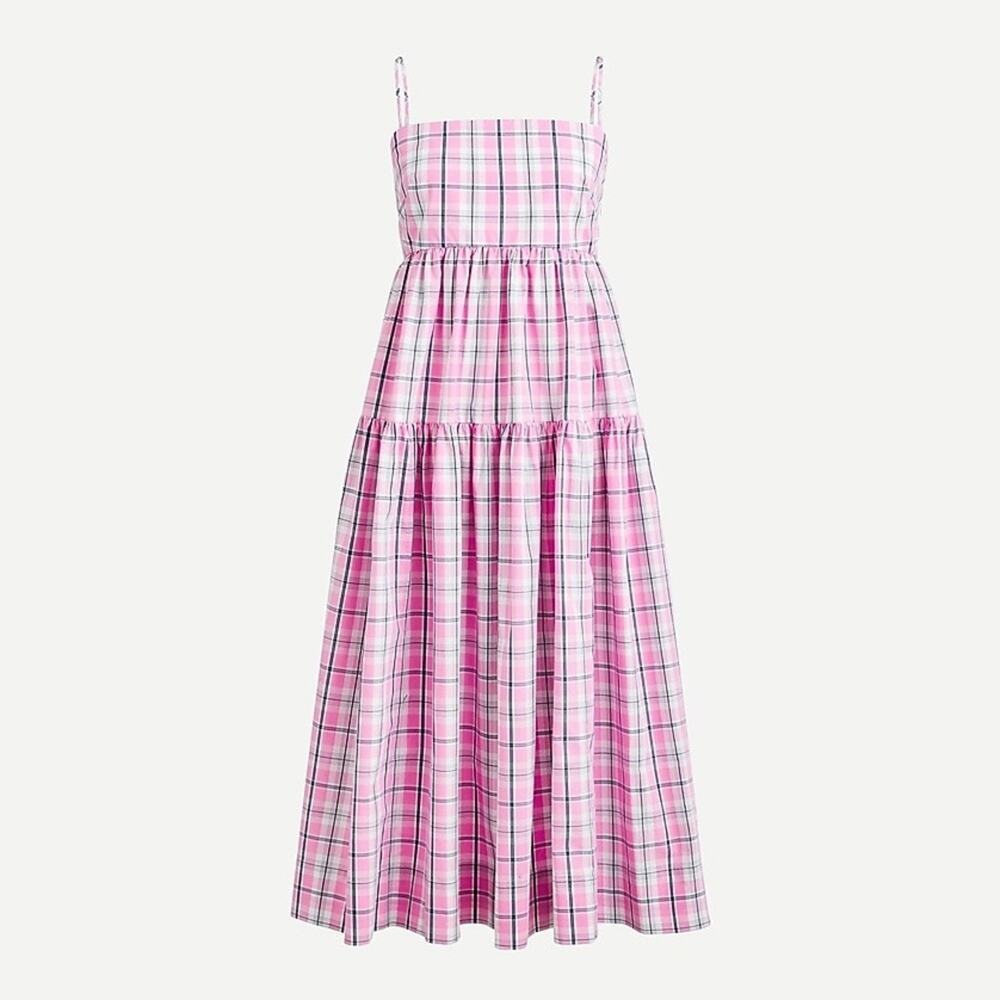 J.Crew Tie-back Tiered Poplin Dress in Violet Plaid Size 6 - Picture 2 of 10